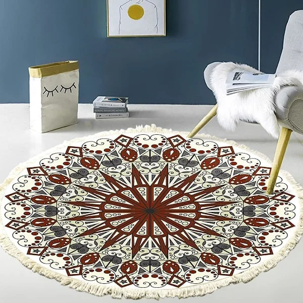 Handwoven Cotton Round Rug Mandala Pattern Bohemian Vintage Style with Pompoms Machine Washable Bedroom Hallway Living Room Coffee Table 60cm Flower