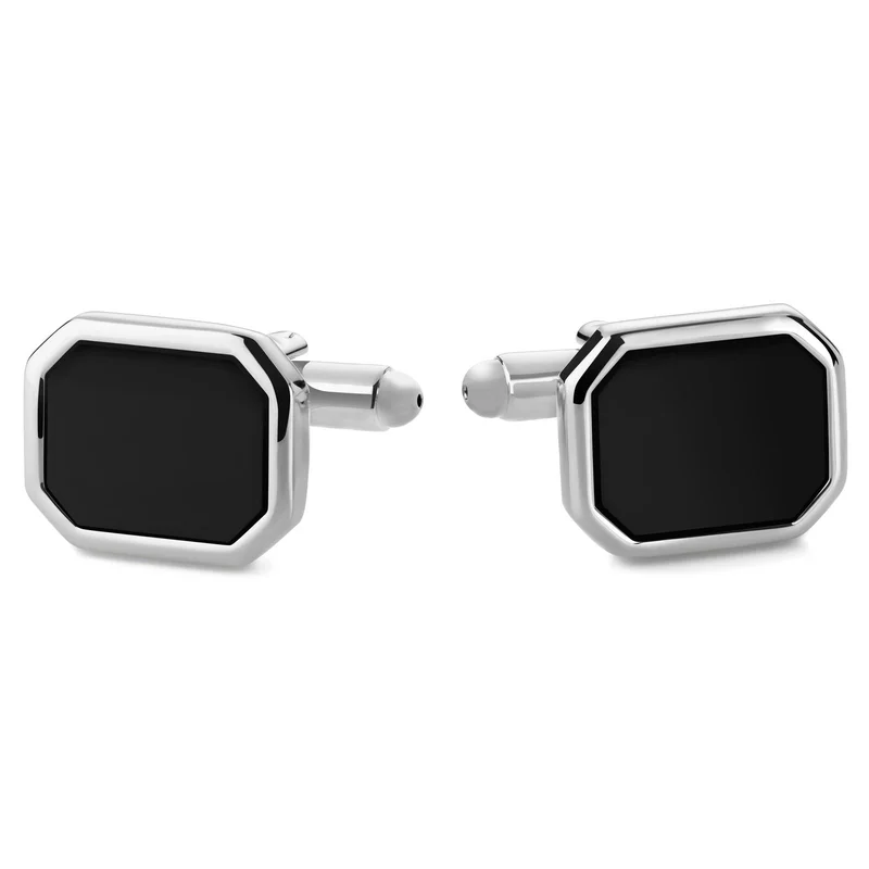 Octagonal Silver-Tone Cufflinks with Onyx Inlay for Men