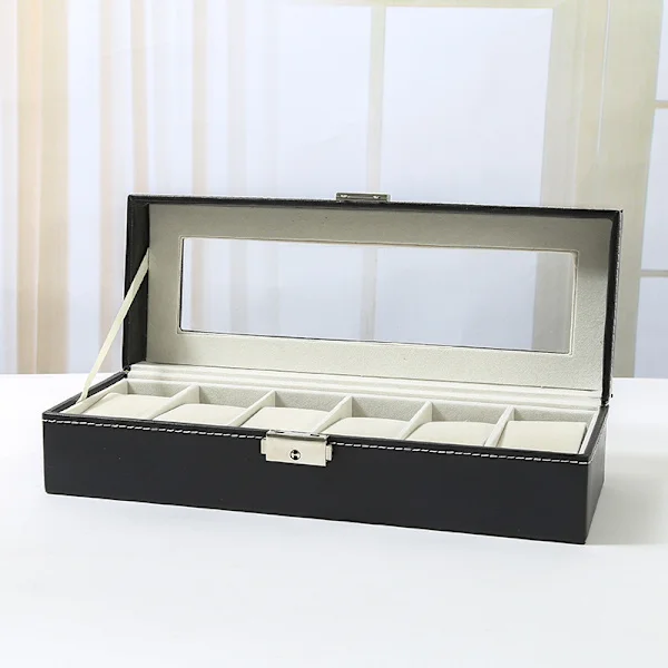 Watch Box with 6 Compartments, Watch Case, Display Case with Glass Lid, Velvet Cushions, Lock, 11 x 30 x 8 cm, Black Coating and Grey Lining