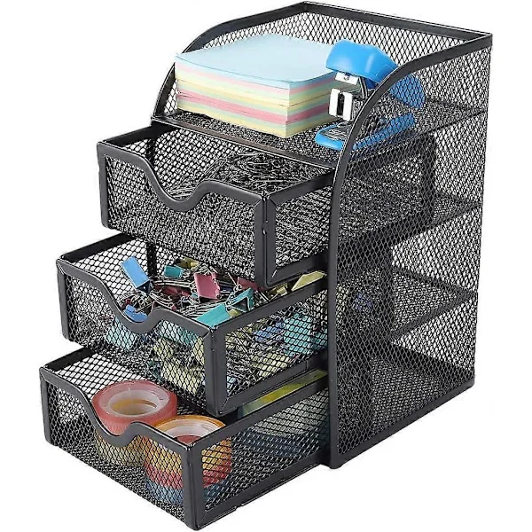 Mesh Desk Organizer with 3 Small Drawers, Desktop Organizer, Office Supplies Holder
