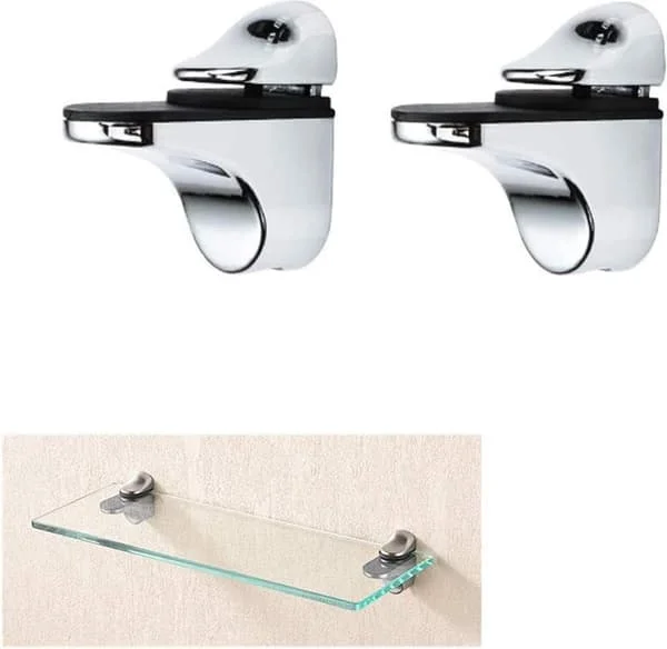 Glass Shelf Bracket, 2pcs Silver, Fish Mouth Clamp for 3-20mm Glass & Wood Shelves, Wall Mounted