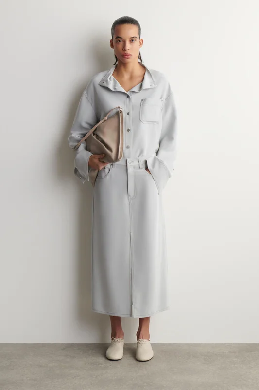COS Women's Denim Effect Silk Midi Skirt in Grey