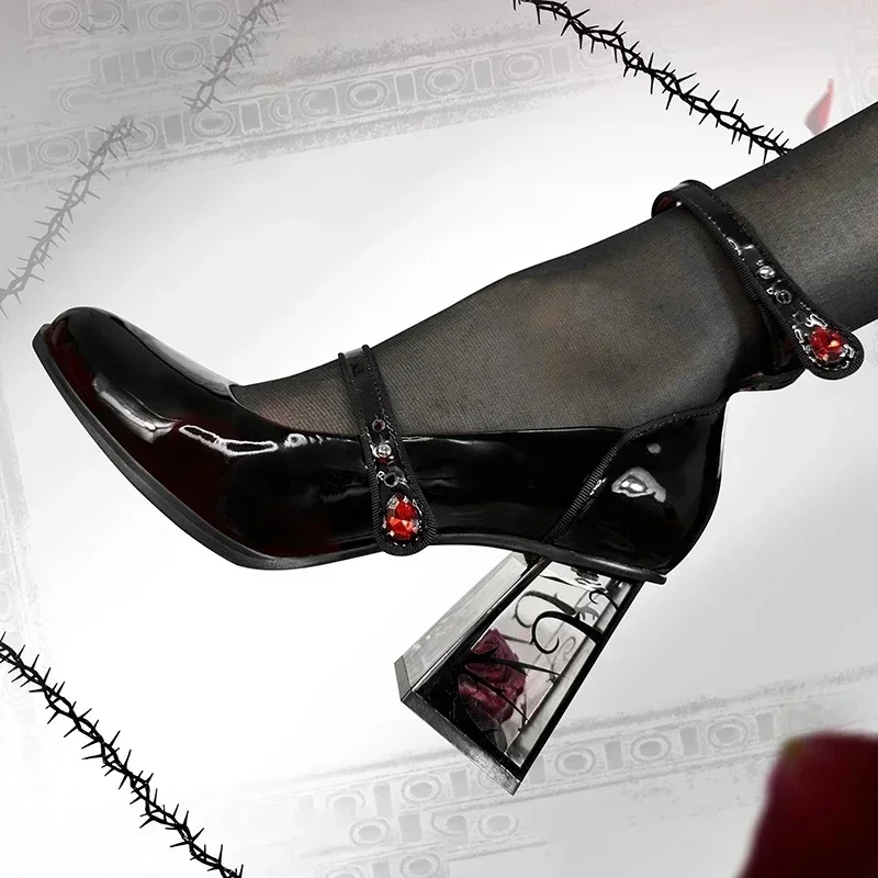 AliExpress - Punk Gothic High Heels Pumps Frauen 2024 Neue Rose Mit Hohen Absätzen Patent Leder Schuhe Frau Ankle Straps Schwarz Mary Jane Schuhe
