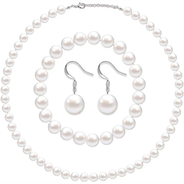 Faux Pearl Smykkesett Imitert Perle Halskjede Armbånd Øredobber