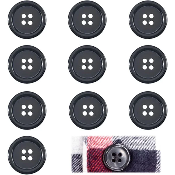 10 st knappar för sömnad, svarta harts 25 mm runda knappar med 4 hål klassiska grundläggande syknappar för kappor jackor koftor DIY dekoration