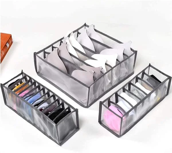 Underwear Drawer Organizer - 3-Pack Foldable Closet Divider - Underwear and Socks Storage Box for Drawer Grey