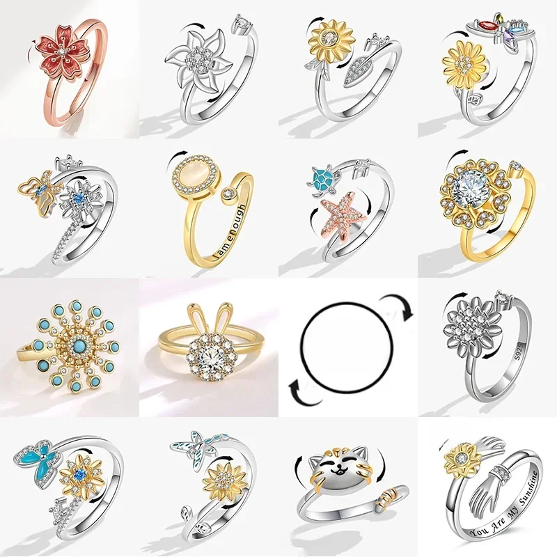 AliExpress - SMJEL Modischer Kirschblüten-Angstring, Fidget-Spinner-Ringe für Frauen, süße Katze, Biene, Hase, Schmetterling, drehbarer Ring, 