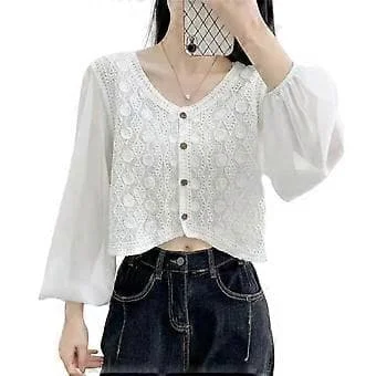 Dam Vintage Virkad Crop Top Koftor Sexig V-ringad Blus Toppar Utskurna Stickade T-shirts Söt Höst Kort Topp Present Vit Vit