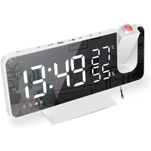 Projektor vækkeur, clockradio med temperatur, luftfugtighed, 7,5 tommer spejl LED-skærm, med automatisk dæmpningsfunktion, (hvid)