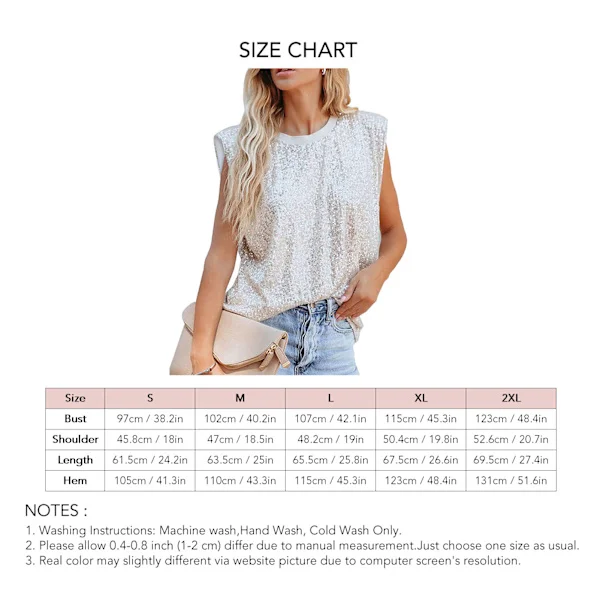 Glitter Paillet Top Dame Sommer Løs Casual Skinnende Rund Hals Ærmeløs Top til Dansefest Abrikos XL