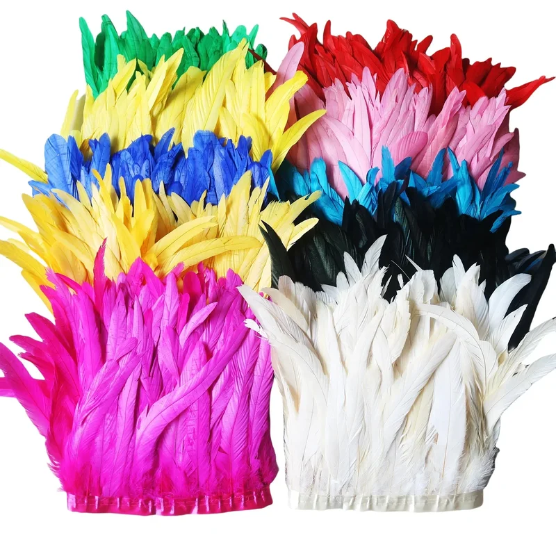 AliExpress - 10Meter Gekleurde Haan Staart Veer Kwastje Trim 25-30 Cm Geverfd Cock Pluimen Lint Voor Bruiloft Jurk rok Craft Accessoire