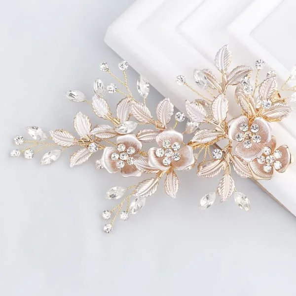 Light Rosé Gold Wedding Hair Clip Rhinestone Bridal Comb Barrette - Handgjorda Blomsterklämmor Håraccessoarer för Kvinnor