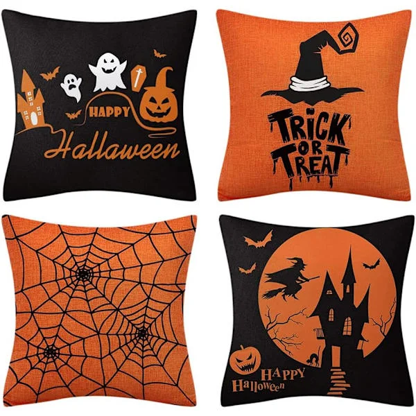 4 st Halloween örngott orange och svart örngott 45×45cm läskig natt trick or treat örngott