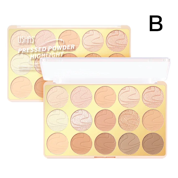 Sminke Highlighter Palett, Concealer & Contouring 15-farget Pudderfoundation + Highlighter UF096A+B