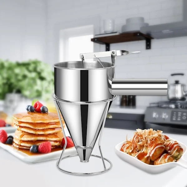 Pannekakerøre-dispenser i rustfritt stål med stativ, smultring-dispenser med stativ, bakeverktøy for muffins, vafler, muffinsblanding, crêpes, kake