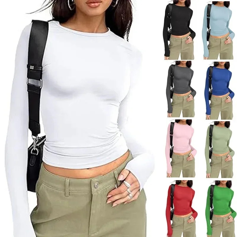 AliExpress - 1 stücke Vier Jahreszeiten Mode Senior Frauen T-shirt Langarm Crew Neck Solide Slim Fit T Damen Crop Top Täglichen streetwear Camis