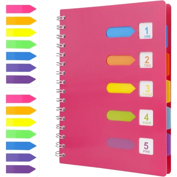 A5 Spiralblokk med 2 indeksfaner, Trådbundet notatbok med 5 fargede skilleark, A5 notatblokk, Journal med omslag (Rosa)
