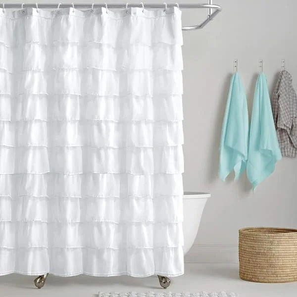 White Ruffled Farmhouse Fabric Shower Curtain Sheer Bathroom Compatible, 72 inches