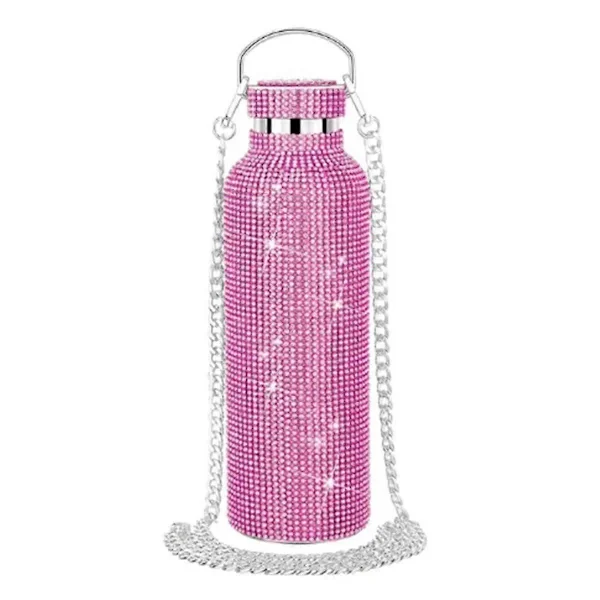 Diamant Vattenflaska i Rostfritt Stål, Bärbar Glitter Rhinestone Vattenflaska, Axelväska, Bling Termos 600ml C Rosa