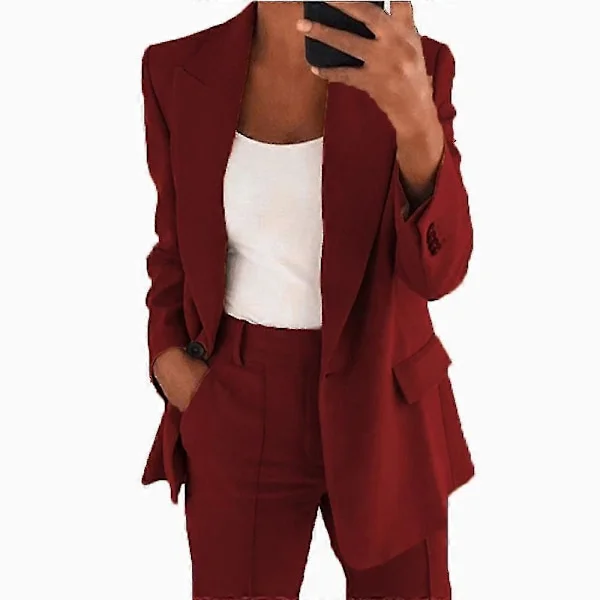 Dame 2-delt Outfit Blazer Sæt Elegant Business Arbejdstøj Vintage Klassisk Ensfarvet Rynket Ærme Åben Front Jakke Og Straight Leg Penci