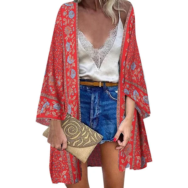 Dame Kimono Cardigan 3/4 ærmet Chiffon Print Bohemian