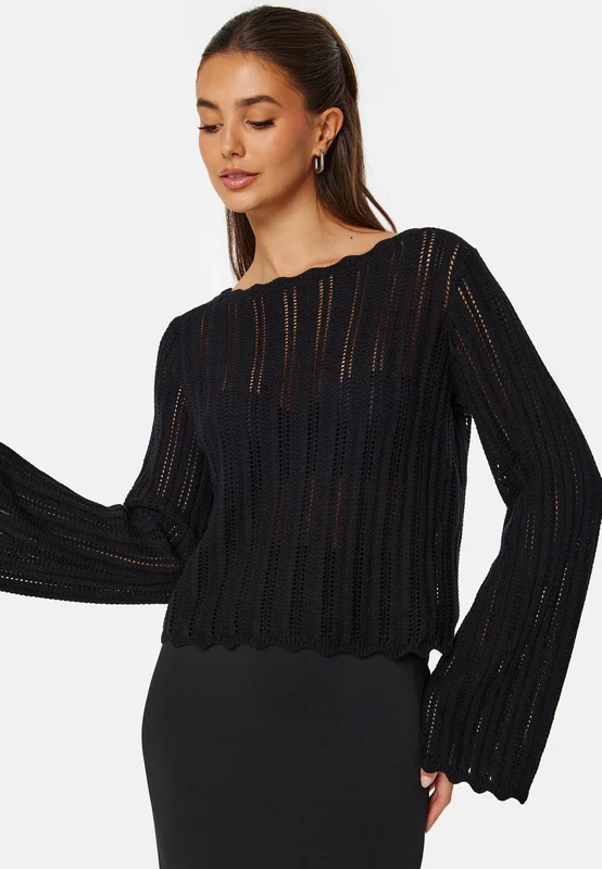 BUBBLEROOM-Boat Neck Structure Knitted Sweater-Black