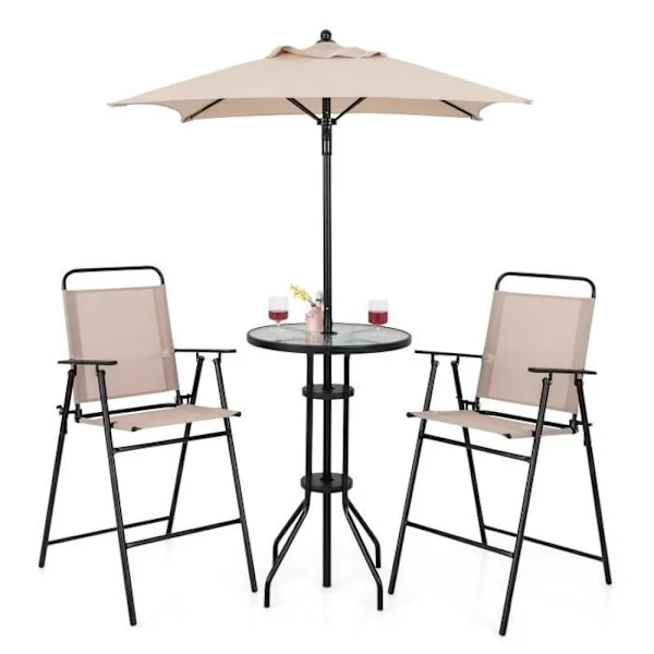 COSTWAY 4 kpl puutarhakalustesetti - päivänvarjo, 2 kokoontaitettavaa puutarhatuolia, karkaistu lasi sohvapöytä - bistroterassin uima-allas - beige