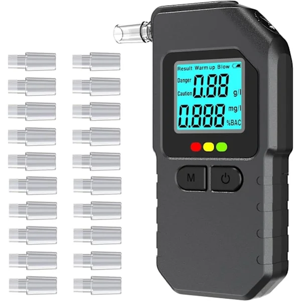 Digital Alkoholtester – Professionel Alkometer med Dobbelt-Sensor, LCD, Bærbar til Bil og Hjem | 20 Mundstykker