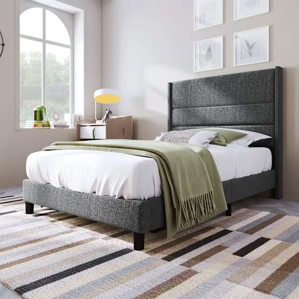 Stoppad säng 90 x 200 cm, sängram med ribbotten och huvudgavel, stoppad dubbelsäng, textilklädsel i grått linne, tidlös modern design, ungdomssäng