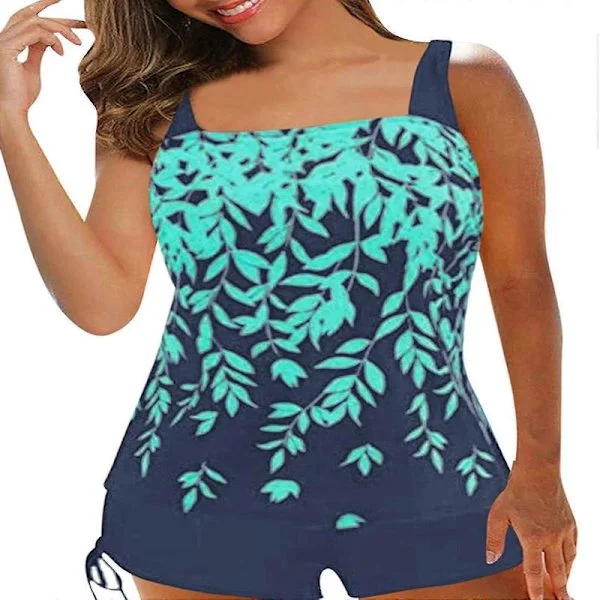 Dam Badkläder Tankini Baddräkt Toppar Shorts Set Plus Storlek Sjöblå
