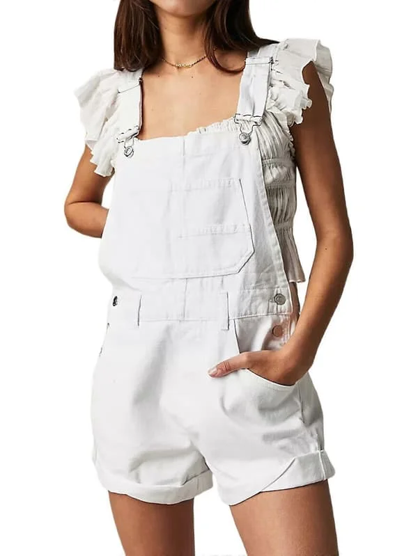 [LD]Dame denim overalls sommer afslappet løse justerbare overalls denim overalls patchwork overalls hvid M Hvid