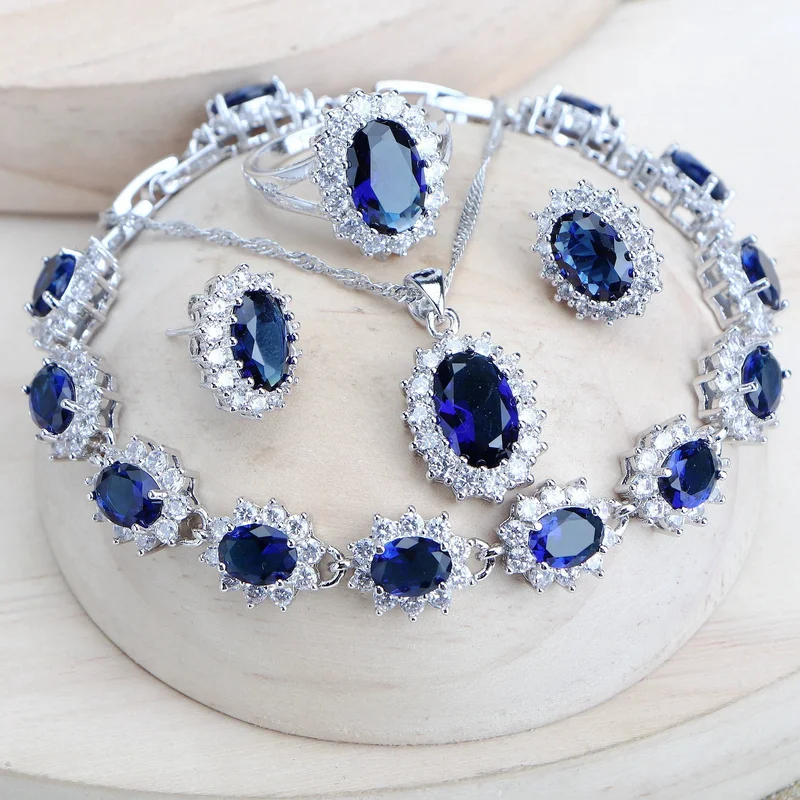 AliExpress - Silber 925 Damen-Brautschmuck-Sets, blauer Zirkonia, Kostüm, edler Schmuck, Hochzeit, Halskette, Ohrringe, Ringe, Armbänder, Anhänger-Set