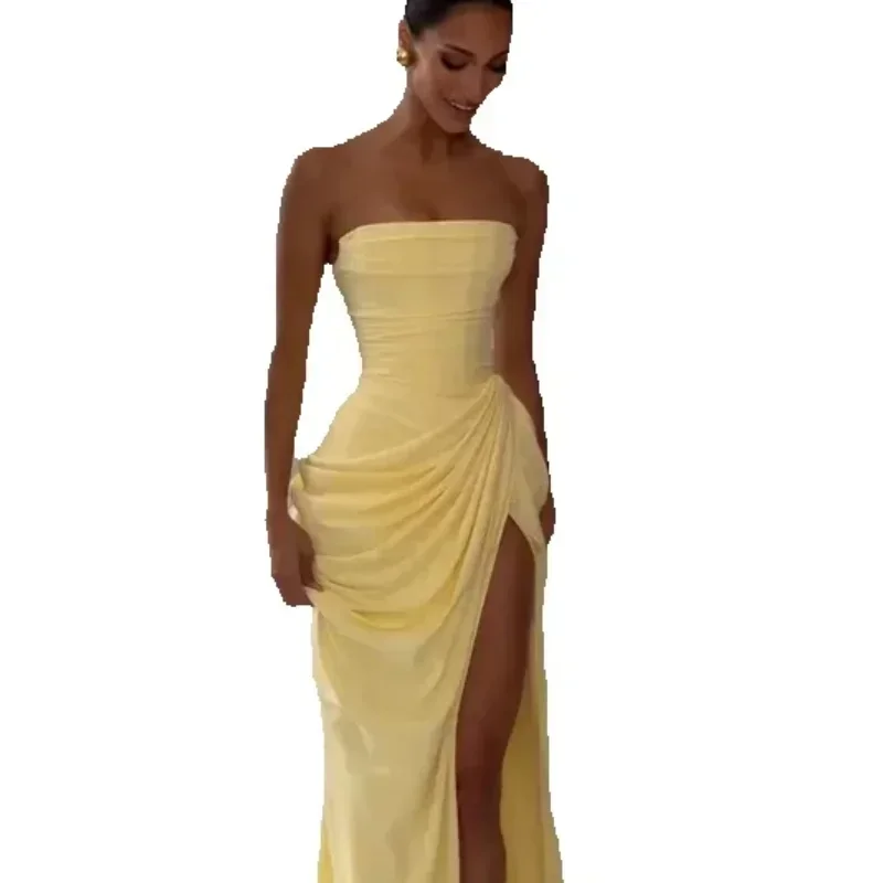 AliExpress - Damen Sexy Einfarbiges Plissiertes Trägerloses Kleid Schickes Schulterfreies Rückenfreies Hochgeschnittenes Kleid mit Schlitz 2026 Neues 
