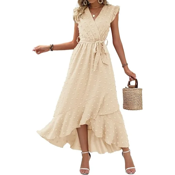 Dam V-ringad Sommarklänning 2025 Kortärmad Swiss Dot Boho Flowy Ruffle Slit Strandfest Lång Maxiklänning Cocktailklänningar