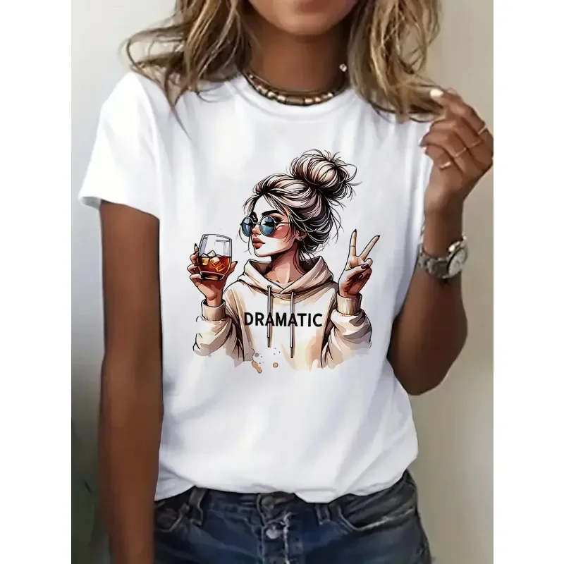 AliExpress - Streetwear 90er Jahre Damen Casual Grafik T-Shirt „Dramatic“ Print mit Wein Print Kurzarm T-Shirt Kleidung Top T-Shirt
