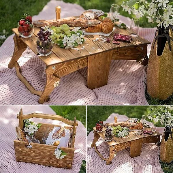 Tre Picnic Kurv Bord, Bærbar Vin Picnic Bord, 2-i-1 Picnic Bord Konvertibel Oppbevaring Tre Kurv, For Picnic Utendørs På T