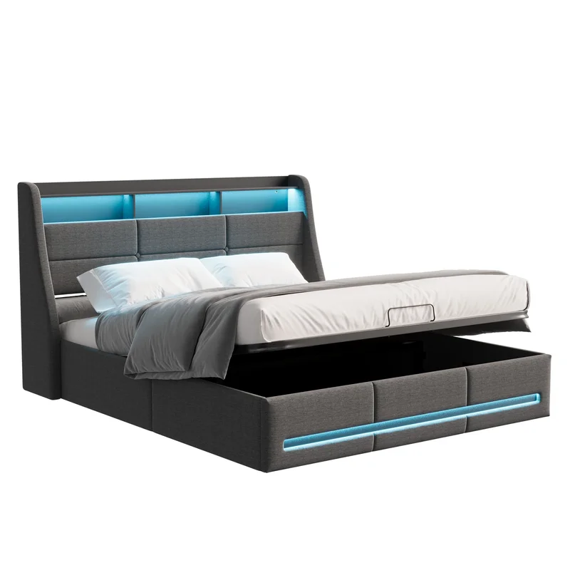 AliExpress - Polsterbett 140×200 mit Steckdosen und LED-Beleuchtung, Doppelbett mit Stauraum Kopfteil, Bett 140x200 mit Hydraulische Stauraum, 