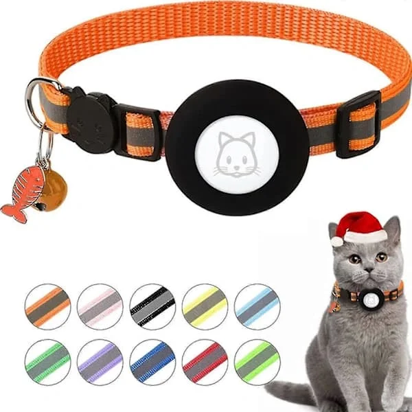 Justerbart Airtag-halsband för katt GPS Reflekterande halsband med Airtag-hållare Säkerhetsspänne och klocka & fiskbenshänge