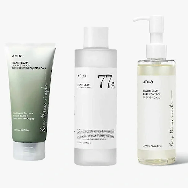 Anua Skincare Heart Leaf 77 Toner, återfuktande, porrengörande olja, exfolierande, oljekontrollerande, Quercetin ansiktsrengöring (ett set)