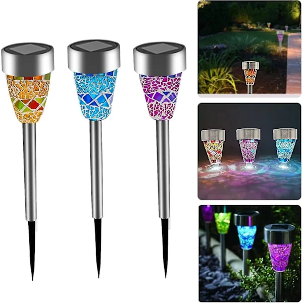 3 stk. Solcellelamper Udendørs Sti Have Craed Farvede Glas Stilamper Mosaik Glas Landskabslamper Mix 3 Farve Led Sol Vandafvisende Lamper