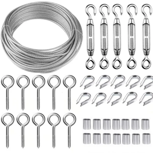 – 30m rustfri ståltau – 2mm belagt kabel med M5 strekkfisker – Fukt- og korrosjonsbestandig – For trening av klatreplanter