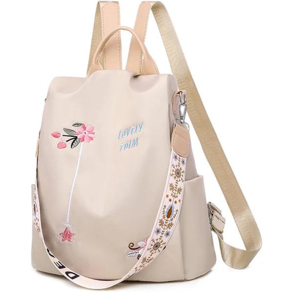 Anti-theft Backpack for Women and Girls, 2 in 1 Waterproof Lightweight Ladies Bag with Embroidery, Large Capacity Casual School Backpacks Khaki