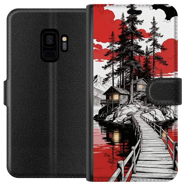 Kompatibelt Plånboksfodral till Samsung Galaxy S9 Detaljerat naturmotiv med stugor vid sjö och dramatisk röd himmel