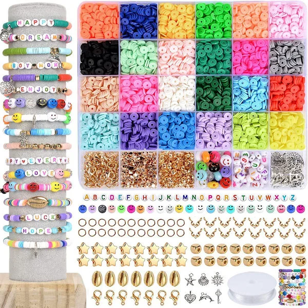 4000 pcs. Clay Beads for Jewelry Making Bracelet Kit, Flat Round Polymer Heishi Clay Beads with Pendant and Loop Letter Beads