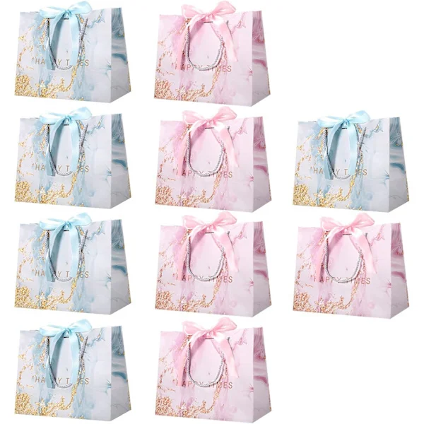 10 kpl lahjakasseja suuri, lahjakassi ruseteilla paperikassit kahvoilla lahjakassit lahjakassi (vaaleansininen vaaleanpunainen 25 x 20 x 12 cm)