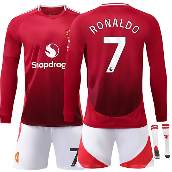 24/25 Fotbollsställ för barn Träningsdräkt Fotbollsställ för pojkar, Röda Djävlar NR.7 RONALDO Fotbollslagströja Lång Träningsdräkt Tröjor Shorts M