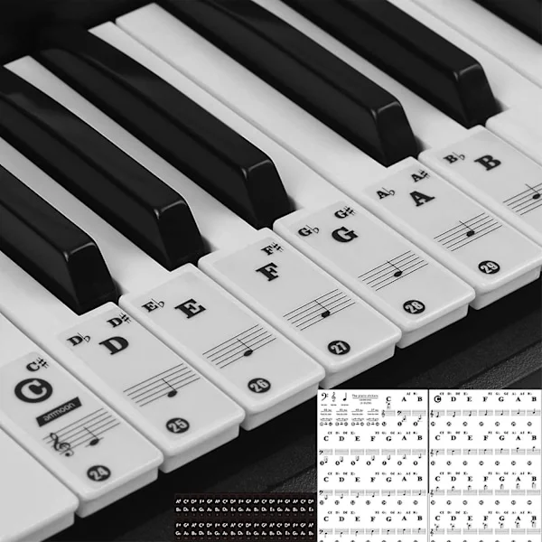 Klistremerker for piano keyboard - 88/61/54/49/37 tangenter, 52 hvite og 36 svarte notelapper klistremerker komplett sett, gjennomsiktig og avtakbar, 