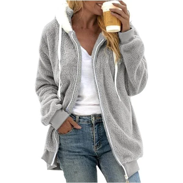 Luvtröja dam teddyfleece kappa övergångsjacka med huva med fickor dragkedja höst vinter plyschjacka fleecejacka vinter XL Mörkgrå