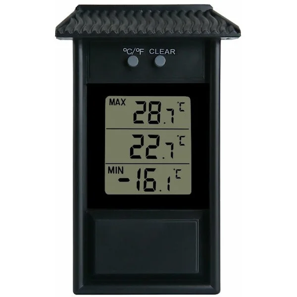 Drivhustermometer, vanntett digitalt drivhustermometer med min/maks-funksjon, 0,1°C oppløsning, -20 til 50°C temperaturområde, veggmontert, 