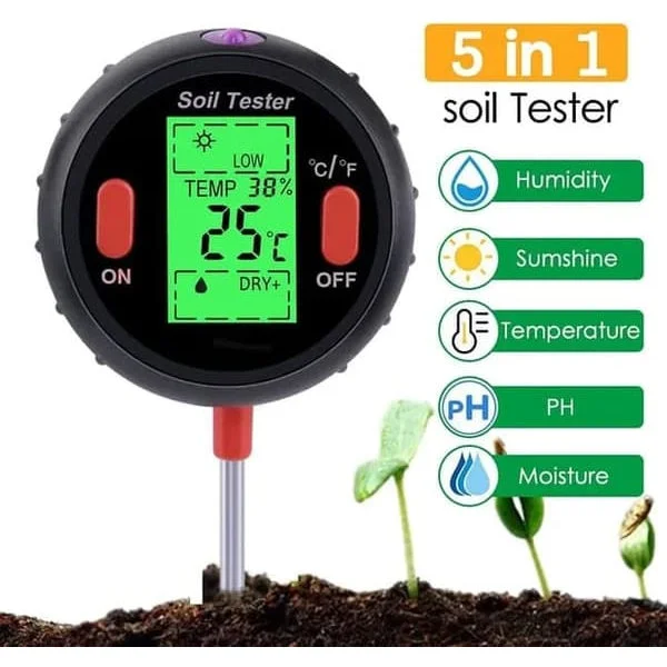 5-i-1 PH-måler til jord – Fugtighedsmåler og plantelysstyrkemåler – Batterifri til blomster, have og plantevård